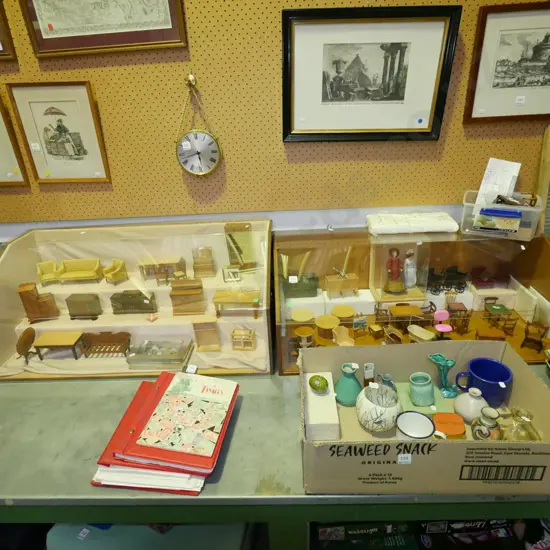 2x perspex cabinets filled with dolls house furniture, dolls, plastic tub of unfinished and damaged furniture