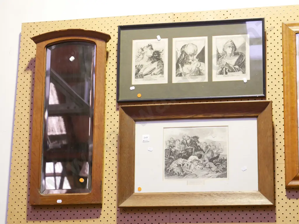 2x framed etchings, wood framed mirror - orange dots Image 1++