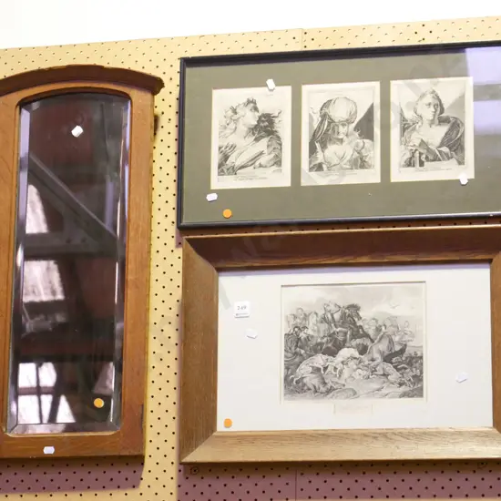 2x framed etchings, wood framed mirror - orange dots