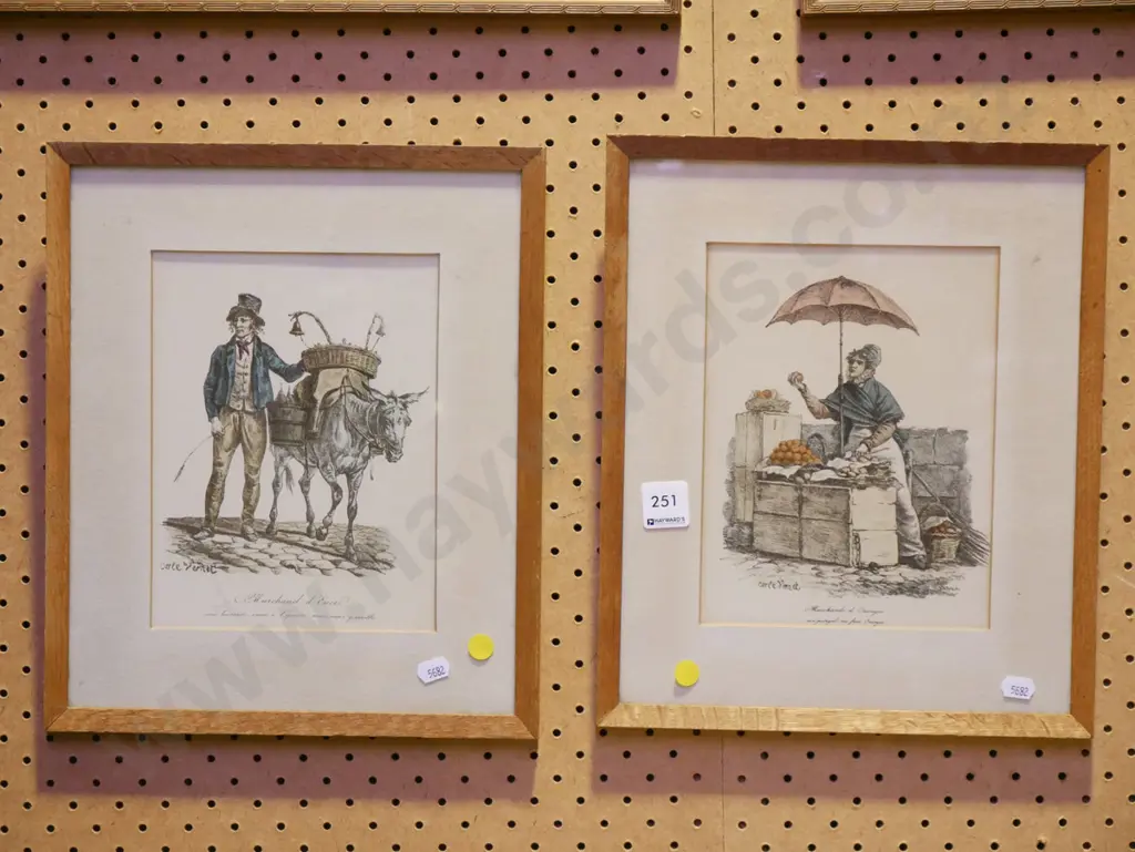 2x hand coloured wood framed etchings - donkey, fruit seller Image 1++