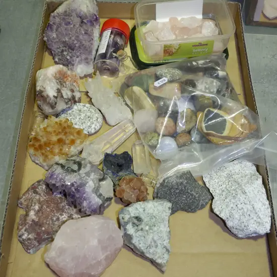 box; polished stones, crystals