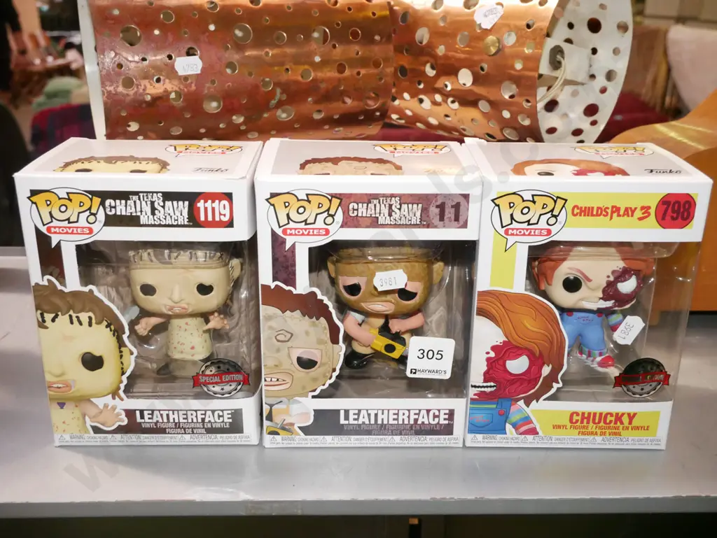 3x boxed Pop Movie figurines - 2x Leatherface, 1x Chucky Image 1++