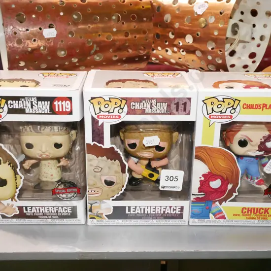3x boxed Pop Movie figurines - 2x Leatherface, 1x Chucky