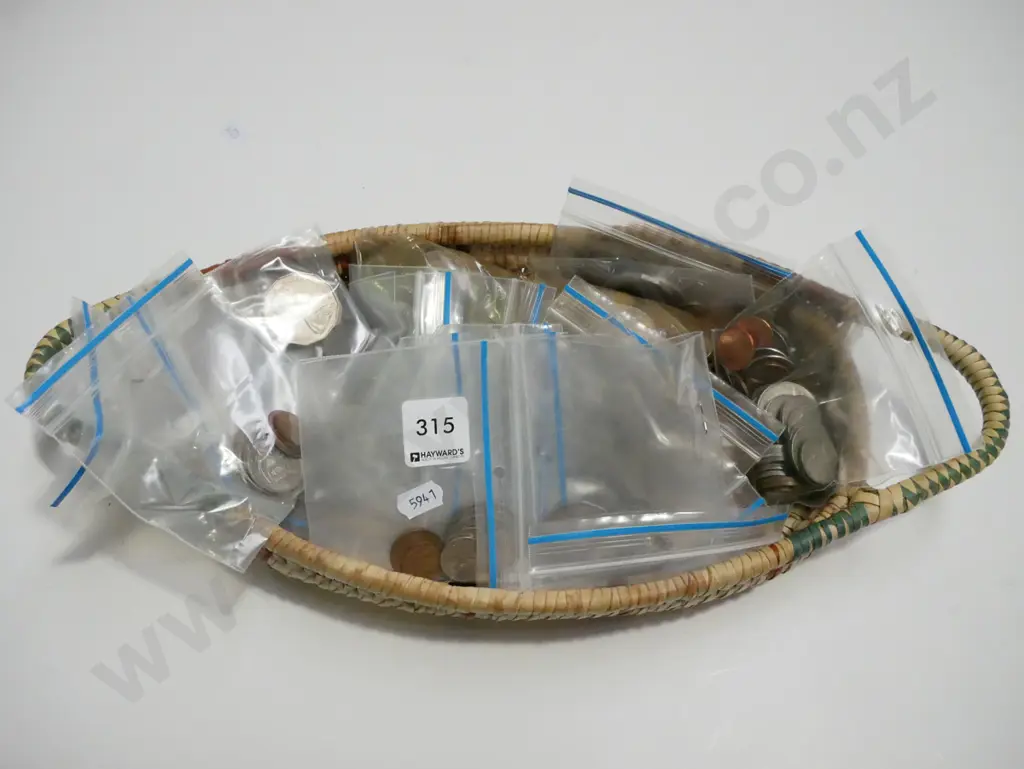 seagrass basket, various bags of coins Image 1++