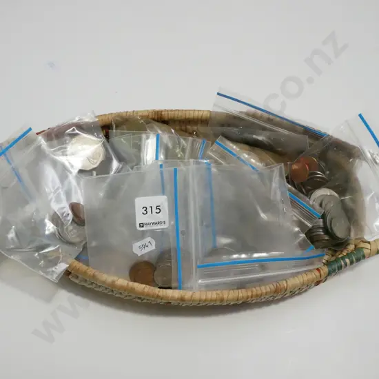 seagrass basket, various bags of coins