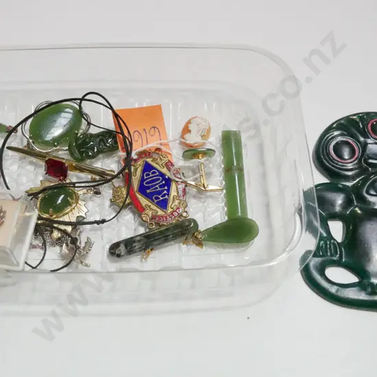 tray; plastic tiki, brooches, badges etc