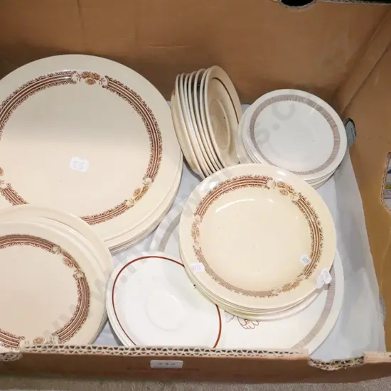 box; Crown Lynn Sienna Rose plates, bowls etc