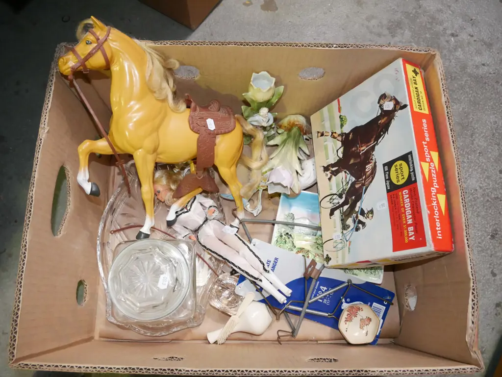 box; Cardigan Bay jigsaw, glass canister, Barbie doll horse etc Image 1++