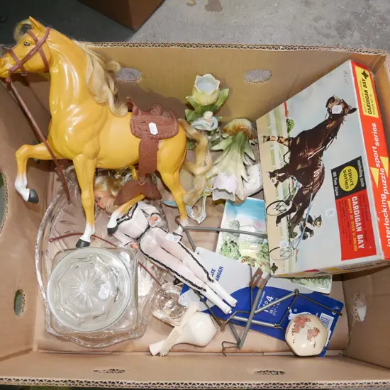 box; Cardigan Bay jigsaw, glass canister, Barbie doll horse etc