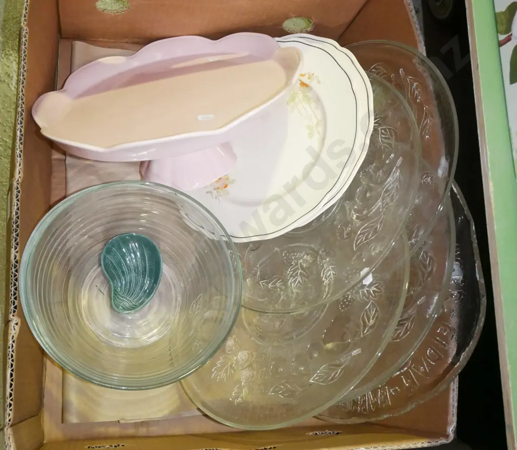 box; pink ceramic footed cake stand, glass plates etc Image 1++