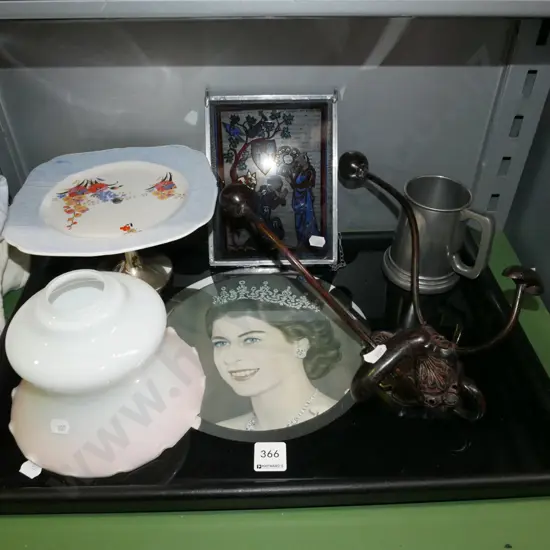 Queen Elizabeth II photographic tray, glass light shade, coat hooks, etc.