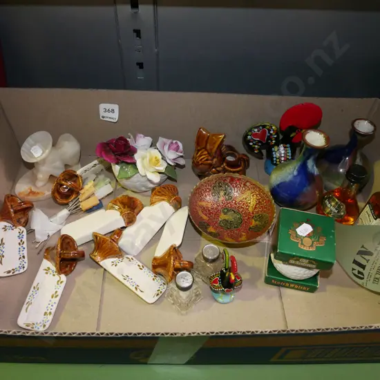 box; spirit miniatures, Portuguese chicken, vases etc