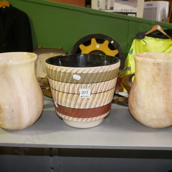 1x German pottery jardiniere, 2x alabaster jars