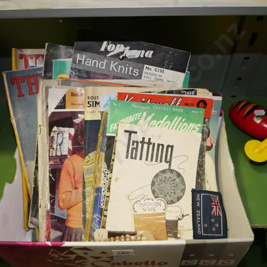 box; NZ badge, knitting patterns