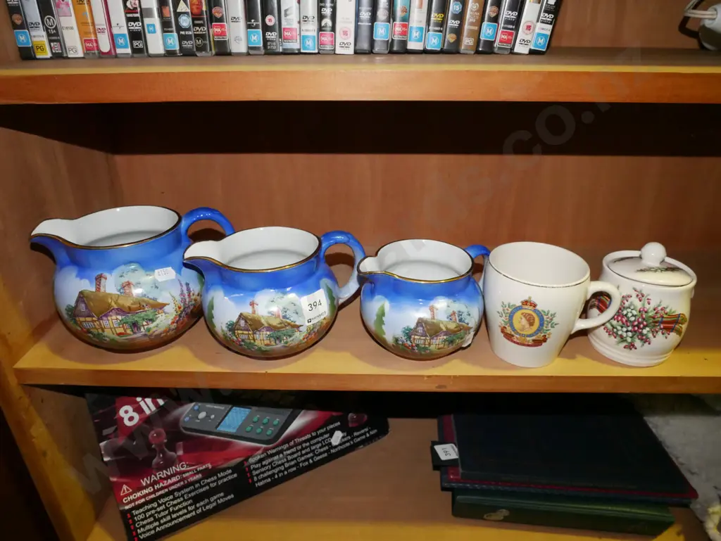 3x graduated English cottage jugs, lidded canister, coffee cup Image 1++