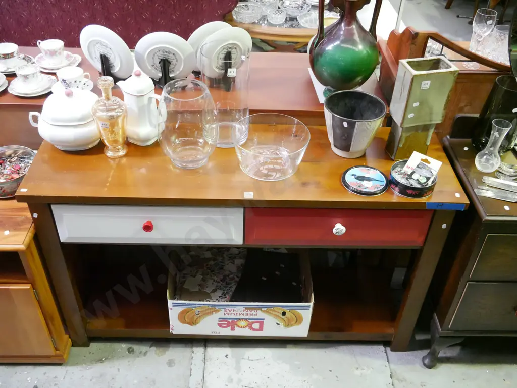 solid pine 2 drawer 2 tier hall table - 2 drawers have been painted H-760 W-1300 D-400 Image 1++