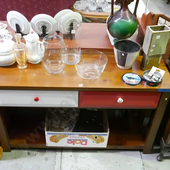 solid pine 2 drawer 2 tier hall table - 2 drawers have been painted H-760 W-1300 D-400