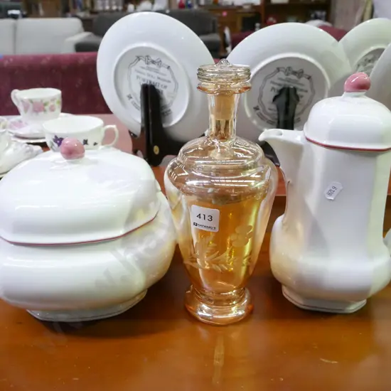 amber glass decanter, tea pot, soup tureen
