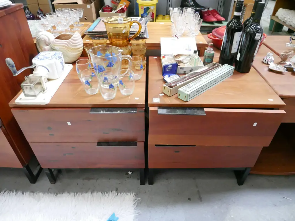 pair of modern solid wood bedside cabinets - scratches to top - drawers need attention Image 1++