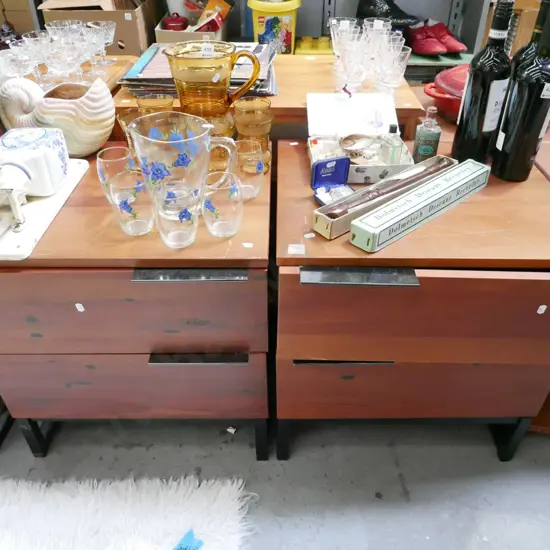 pair of modern solid wood bedside cabinets - scratches to top - drawers need attention