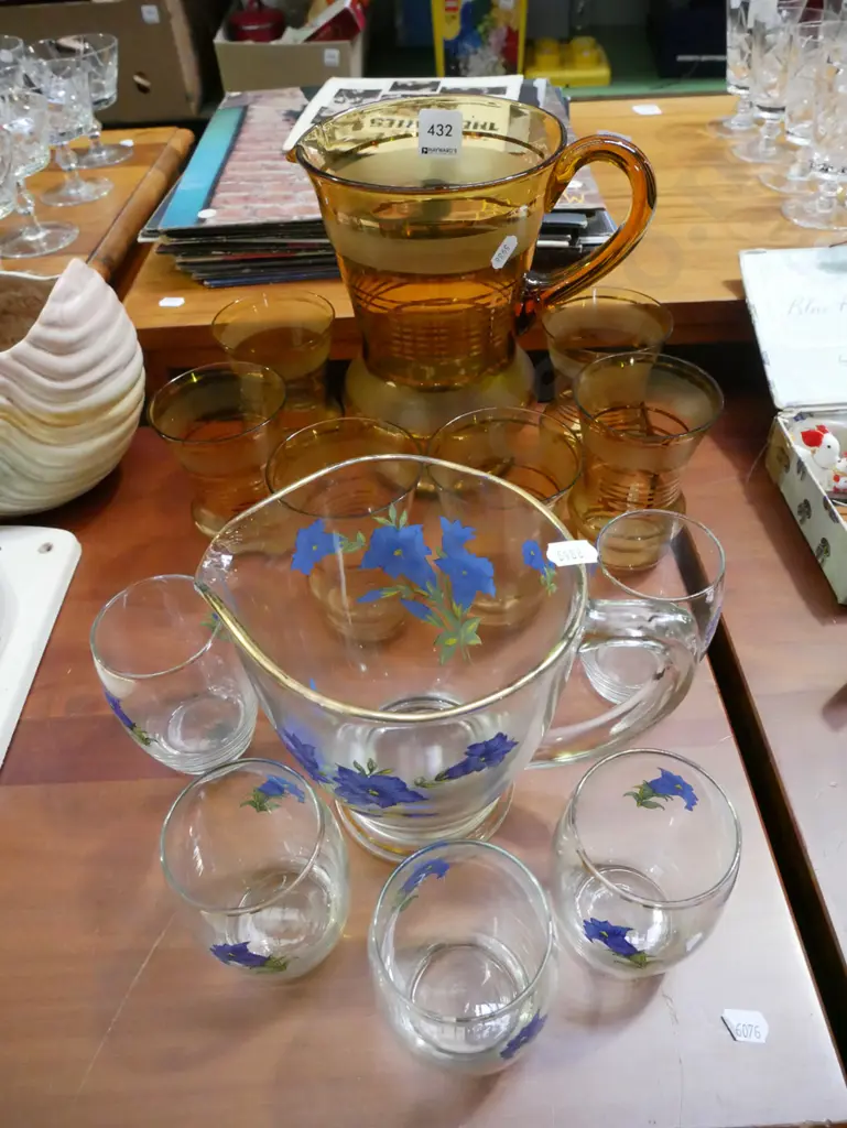amber glass water set, blue floral water set  Image 1++