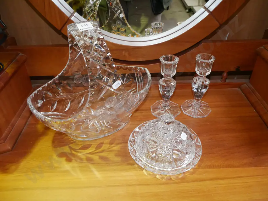 cut crystal basket, candlesticks, cover dish Image 1++