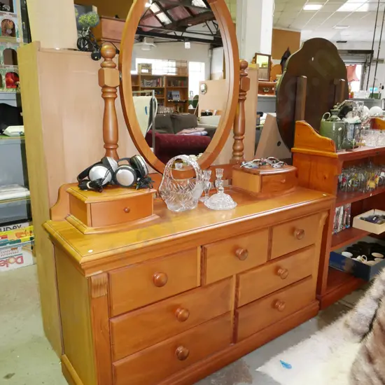 solid rimu 9 drawer mirror back dresser  H-1740 W-1370 D-420