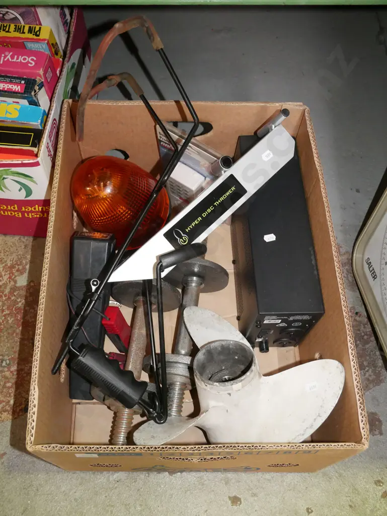 box; timing light, hand weights, boat propellor, hyperdisc thrower etc Image 1++
