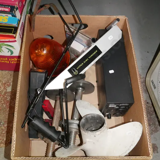 box; timing light, hand weights, boat propellor, hyperdisc thrower etc