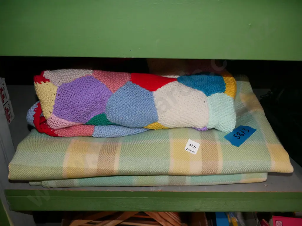 2x green checked woollen blanket, hand knitted blanket Image 1++