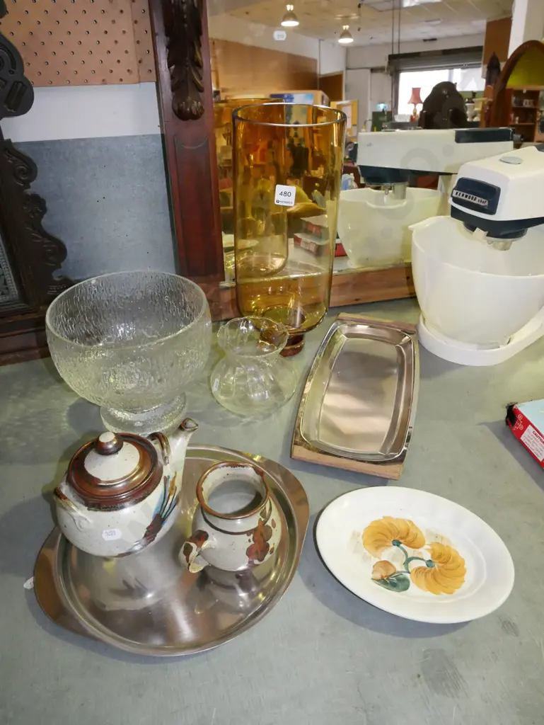 large amber glass vase, tea pot, footed bowl, stainless steel trays etc Image 1++