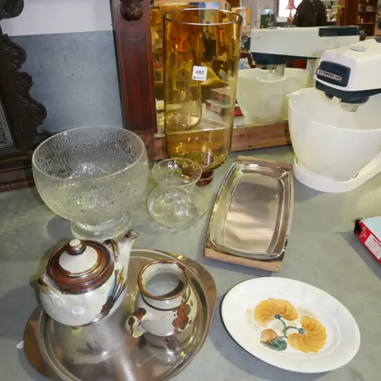 large amber glass vase, tea pot, footed bowl, stainless steel trays etc