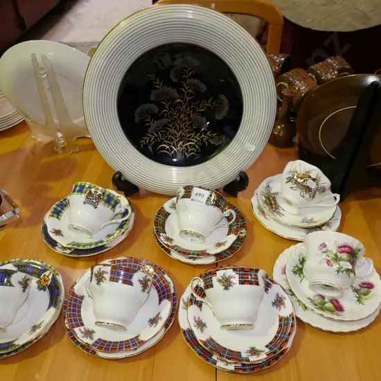 7x Scottish themed trios, large German pottery plate