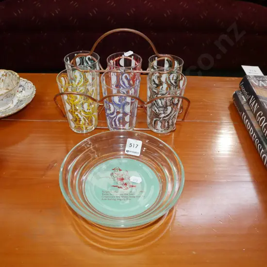 Sgt Dan Creamoata bowl, 6 tumblers in basket