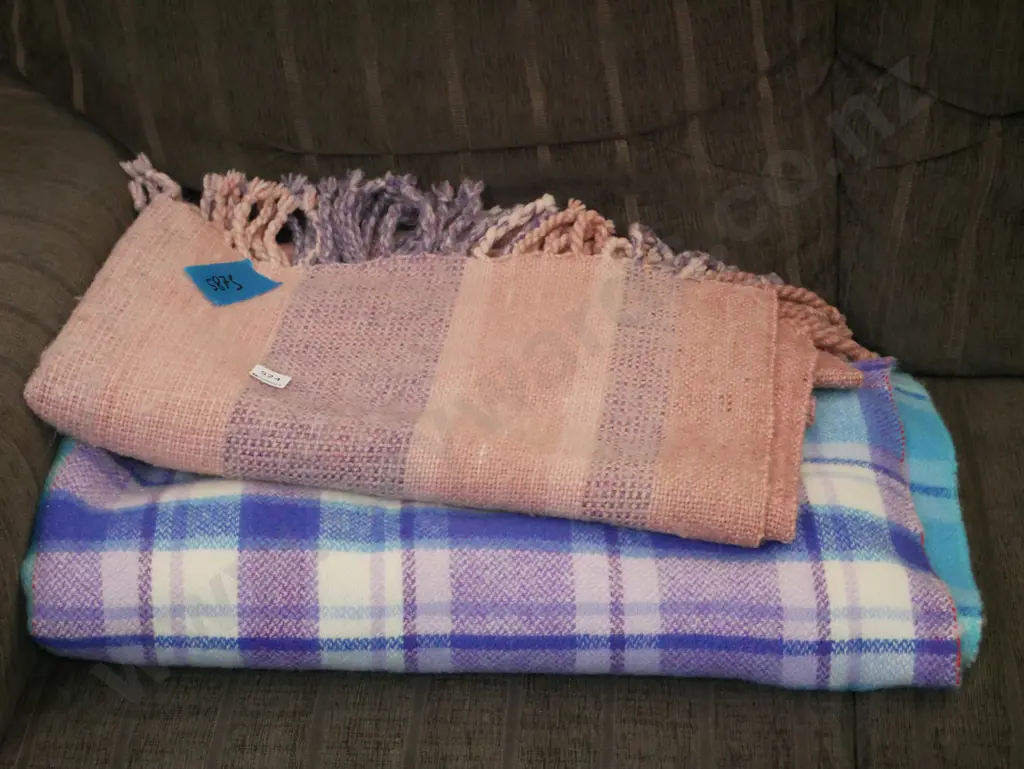 blue checked blanket, 1 other blanket Image 1++