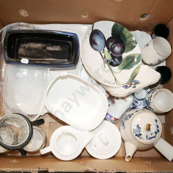 box; tea pot, cups, creamer etc
