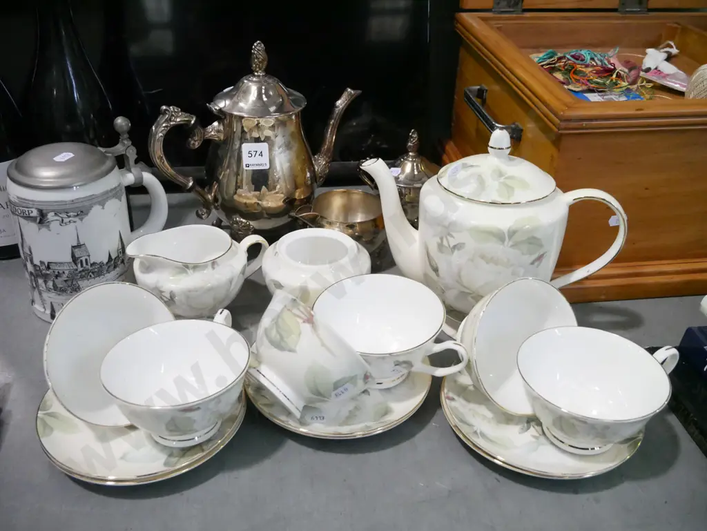 plated tea pot, creamer sugar, beer stein, part white rose tea set Image 1++