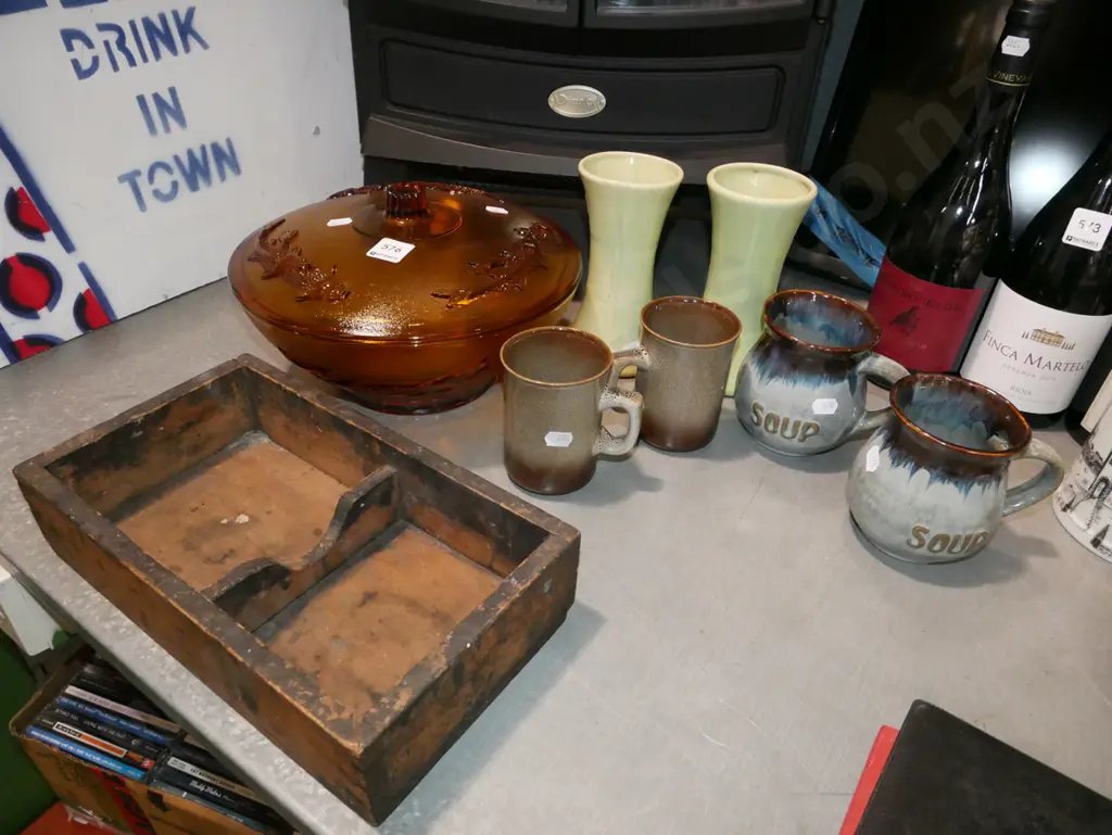 2x vases, coffee cups, lidded amber glass fish themed, cover dish etc Image 1++