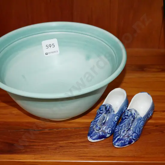 studio pottery bowl, 2x ceramic shoes