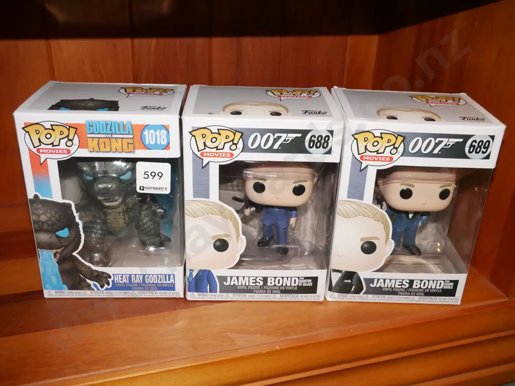 3x Pop Movie Figurines - 1x Heat Ray Godzilla, 2x James Bond Image 1++