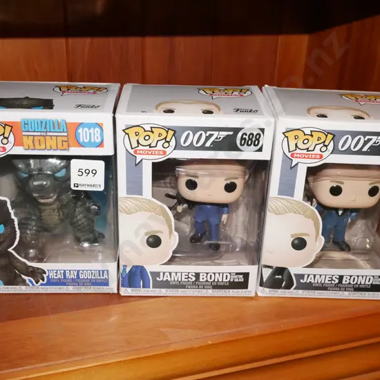 3x Pop Movie Figurines - 1x Heat Ray Godzilla, 2x James Bond