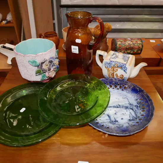 amber jug, green glass plates etc