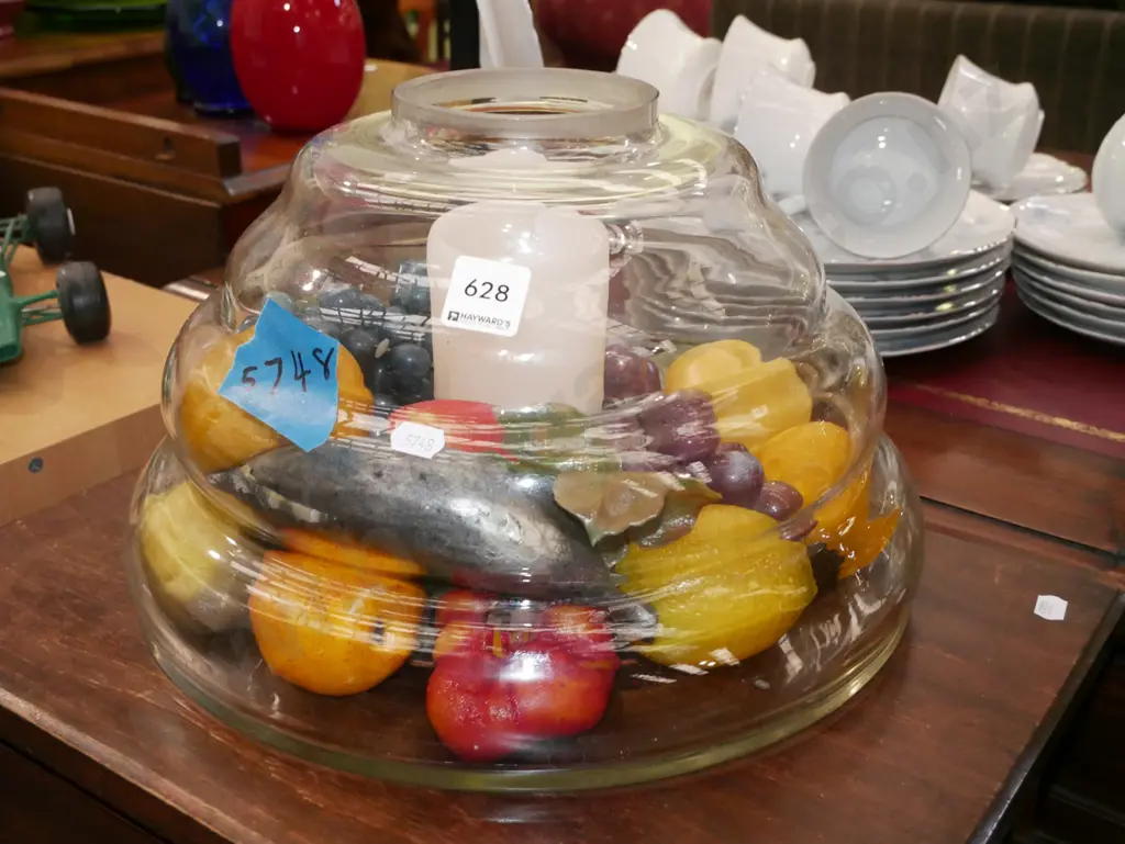 unusual glass vase with faux plastic fruit and candle Image 1++