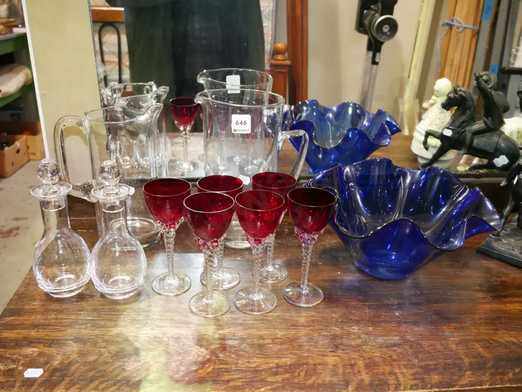 glass water jugs, blue glass bowl, vinegar bottles etc Image 1++