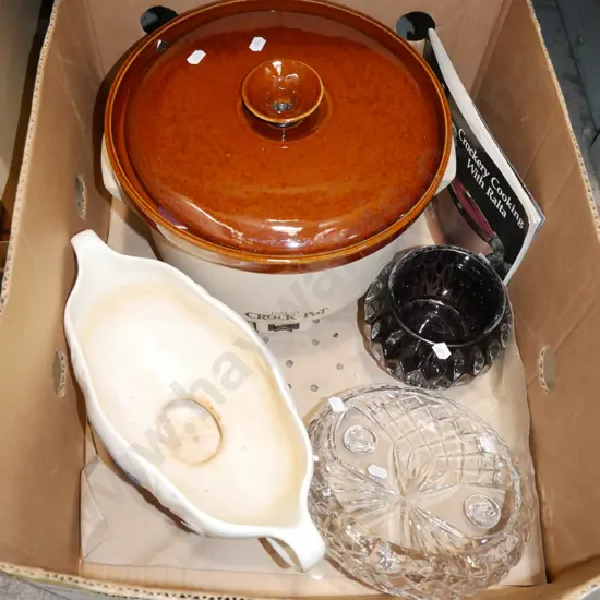 crock pot, crystal bowl, Beswick vase with chip, glass vase