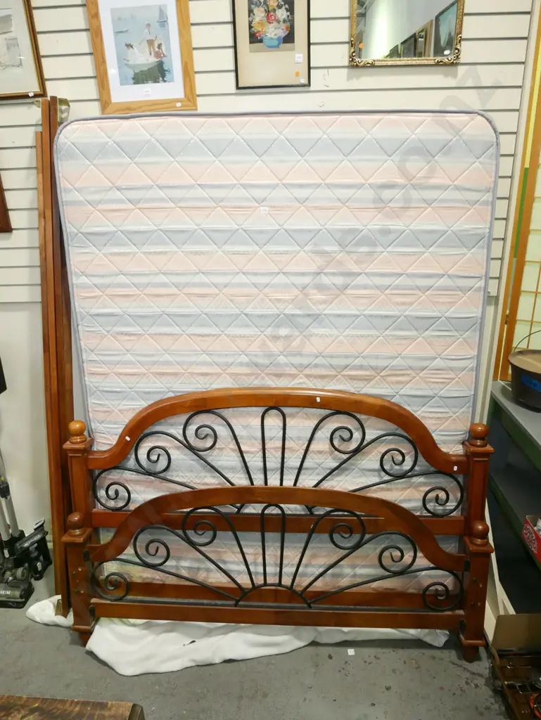 slat based queen bed and mattress with metal and wood ends Image 1++