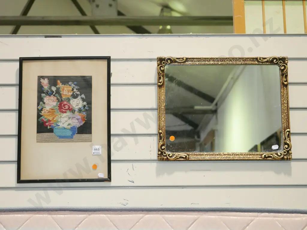 framed needlework, gilt framed wall mirrror - orange dots Image 1++