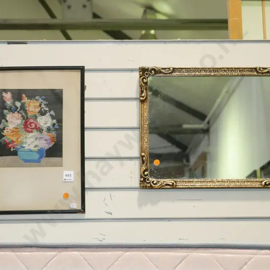 framed needlework, gilt framed wall mirrror - orange dots
