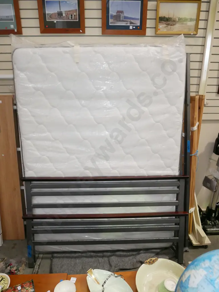 slat queen bed base, mattress and metal and wood ends Image 1++