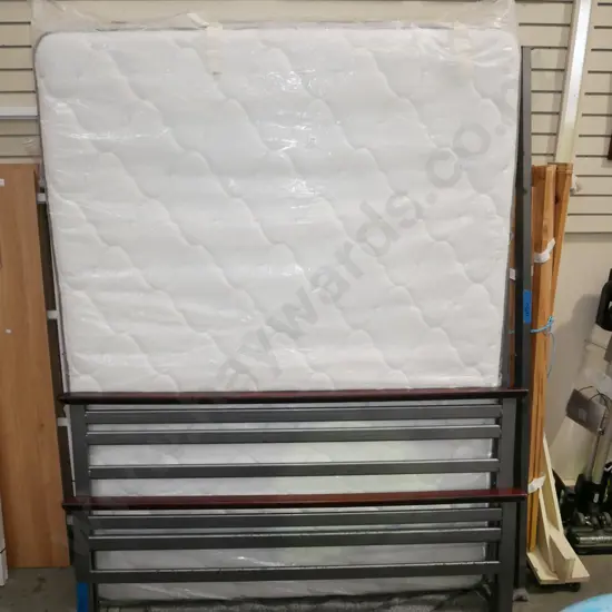 slat queen bed base, mattress and metal and wood ends